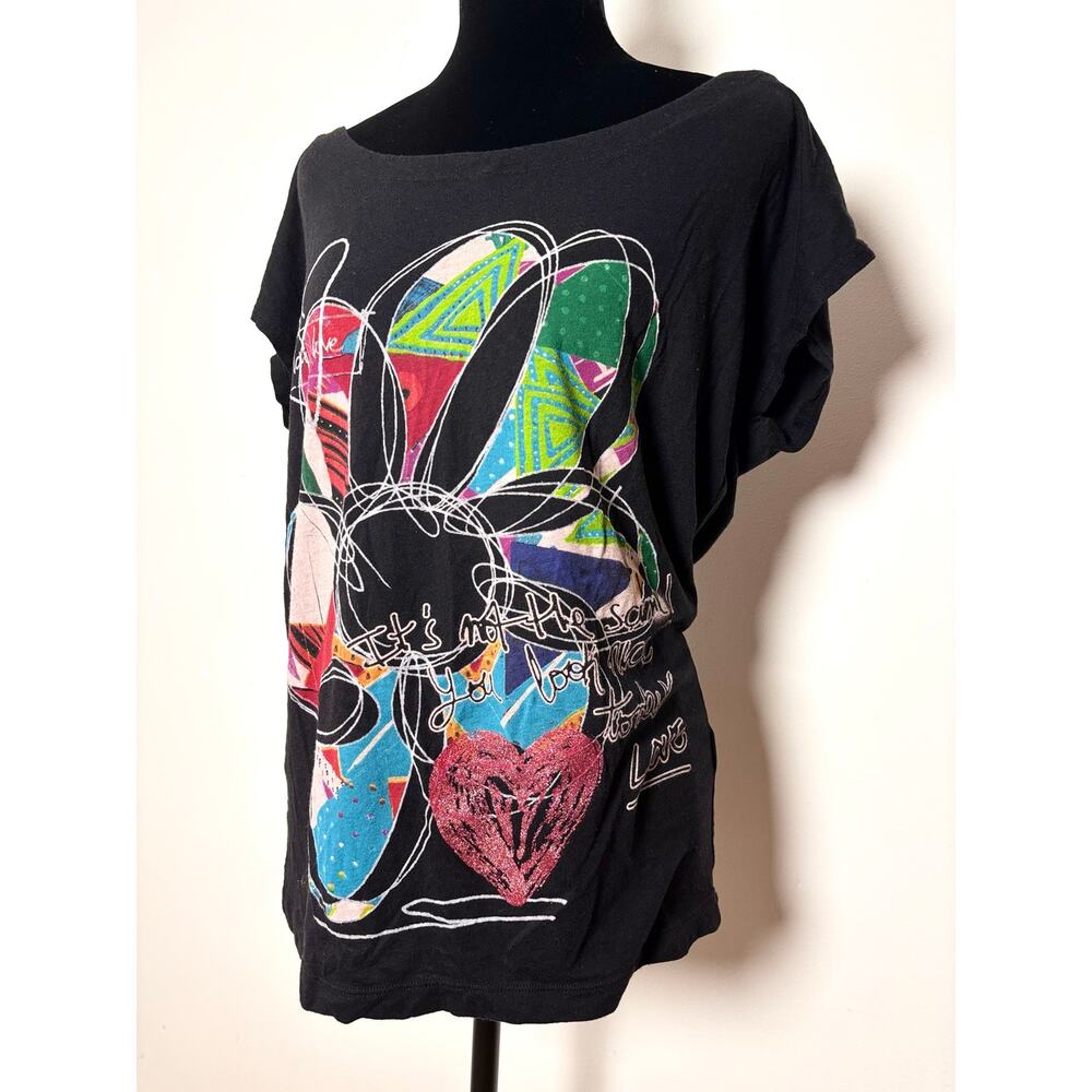 Desigual Black Abstract Sketch Print Red Glitter Heart Detail Top V Neck Back - Picture 3 of 5